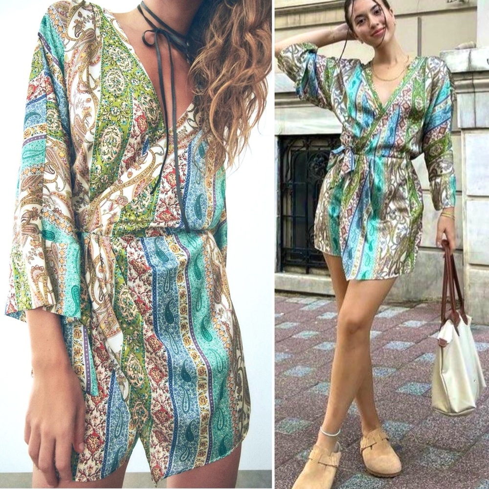 ZARA Satin Jumpsuit Crossover Paisley Multicolor Tie Waist 3/4 Sleeves